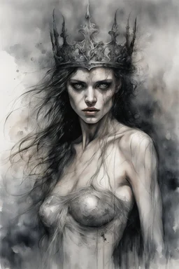 Hyper-photorealistic watercolor art style by Luis Royo & Agnes Cecile, Surreal fine art etching of a figure by Luis Royo, tanned skin inscribed with the transient story of mortality, ethereal light playing with its form whispering tales of an eternal realm, eyes, black as the depths of the night, ardently pinand looking towards the endless skies, a crown of black hair mirroring the mystery of the cosmos around, whole scene tinged with an ethereal softness from volumetric lighting, hues gr,