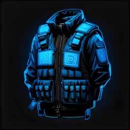 tactical vest, black background, blue, cyberpunk style, video game icon