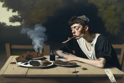 rapper smoking on picnic table by Caravaggio