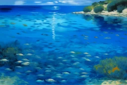 A cerulean blue bay filled with fish in the water painted by Claude Monet