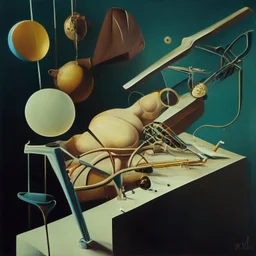 Abstract painting formed by a mix of human flesh-like surgical instruments and universe-like musical instruments,neuralink,minimalism,Painting By Adrian Ghenie, Rene Magritte, Salvador Dali, Lucian Freud