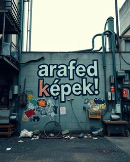 an arafed sign that says "arafed képek!" on the wall of a building, rolands zilvinskis 3d render art, dystopian grunge, trending on unsplash, steam punk grafitti, hyper realistic digital art, sticker art, disco elysium style, pexels, neoexpressionist, behance art, gritty background, solarpunk, oilpunk, unsplash transparent, to be or not to be, scrap metal on workbenches, infinite regression, interconnected human lifeforms, symbolic mural, album cover artwork, (((heavy whimsical))) vibes