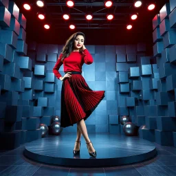 make a picture pretty stage made of metallic blue-gray teme 3d recursive cubic and sphere base structures and a beautiful fashion model lady posing with cute in black and white and the scene is in color,with dark red top and pretty pleated midi skirt ,makeup curvy long hair,dynamic camera zoom to full body and pan, dynamic lights.