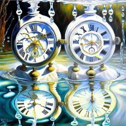 two white sikns, in one of them water is turning clockworks and in the other clockwise, art, oil drawing, bright,