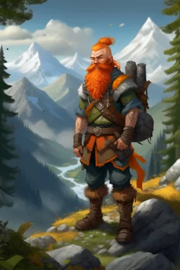 Realistisches Bild von einem DnD Charakters. Männlichen Zwerg mit orangenem Haaren. Er steht im Wald mit Bergen im Hintergrund.