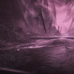 River of sorrow, Acheron, mythological references, metaphysical unexplained,embittered, blackened waters,Charon, electonic , hyper-detailed,sci- fi style,highly detailed CG render,neon, pink, gray,black,purple,colours,