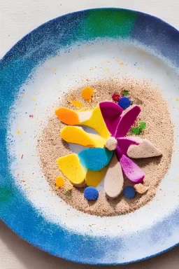 Plate for food decorated with colourful sand