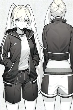 blonde girl with ponytails dressed in a jacket and shorts walks briskly, front view, greyscale