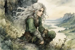 Ciri by Arthur Rackham, full length watercolor illustration of a petite young, pale, green eyed, female in ragged clothes , with highly detailed hair and facial features, in the wilds outside the fortress of Kaer Morhen , finely lined and detailed in bright natural colors