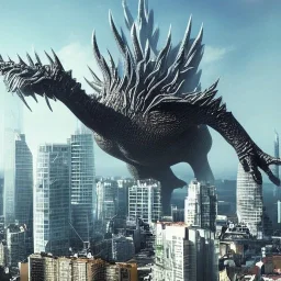 flying kaiju creature with stalked eyes and big mounth designed by zaha hadid destroying a city designed by dr Seuss