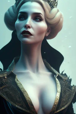 Constance Langdon as evil queen in black leather, leather, busty, cleavage, angry, stern look. character design by cory loftis, fenghua zhong, ryohei hase, ismail inceoglu and ruan jia. unreal engine 5, artistic lighting, highly detailed, photorealistic, fantasy