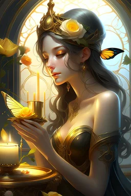 digital painting, unreal engine, blender art by artgerm, Greg Rutkowski and Alphonse mucha, a BLACK rose lies on the table, a golden butterfly on a candle, sadi sees a mirror with a spider web, white radiance, symmetry, super detail, hyper realistic, festive dream