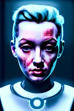 Ultra Realistic image, portrait, blonde woman, Marylin Monroe face, perfect iris, glow eyes, glow makeup. Cyborg, Cyberpunk, ex machina style, wires connected, oversized tight latex dress, yakuza tattoos body. fog, rain, soft color, highly detailed, unreal engine 5, ray tracing, RTX, lumen lighting, ultra detail, volumetric lighting, 3d, finely drawn, high definition, high resolution.