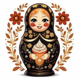 draw matryoshka dolls, the matryoshka is smiling, the kind sweet face of the matryoshka doll, behind the matryoshka Russian patterns in the style of Khokhloma, Khokhloma with gold and black flowers