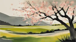 early spring, a Central European garden before imminent storm, strong wind, a peach tree blossom (petals blown in the wind:1.6), minimal acrylic and watercolor and ink, (tint leaks:1.6), dark grey and green and peach blossom colors, harsh contrasts, windy dynamics, petals swoosh