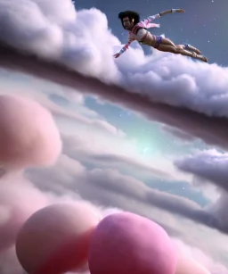 Ultra realistic speed clouds sky scene, wide angle view, sweet men falling down with many Childs, feather color clothing, free jumping flying, many trinkets, hair monster, many jelly beans, balls, color smoke, smile, happy, circus style, extreme, wind, clouds sea, 20,000 feet altitude, stratosphere, soft color, highly detailed, unreal engine 5, ray tracing, RTX, lumen lighting, ultra detail, volumetric lighting, 3d, finely drawn, high definition, high resolution.