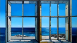 Painting of four rectangular windows in a concrete wall, revealing a view of the blue sky and ocean in the background