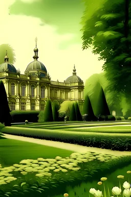 old photo style painting representing the king's gardens in the city of Laeken in Belgium