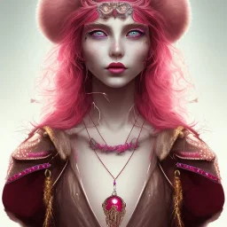 Young, Fire witch, round full face, pale skin, freckles, wild curly pink hair, red eyes, pink and red eyeshadow, pink glossy lips, wearing a pink witch hat, wearing a red crystal necklace