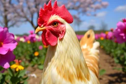 Here is the translation to English: "A beautiful chicken with a cat-like face in a flower and tree farm"