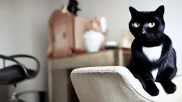 A black cat sitting on a chair in a room.