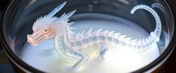 The image depicts a fantastical duck snow soup, specifically a transparent dragon with neon flash aura, with a unique and whimsical appearance. The dragon is positioned in a circular frame, which suggests it might be inside a container or a vessel. The dragon's body is elongated and has a segmented appearance, with a detailed texture that gives it a realistic look. Its head is covered with white, spiky hair, adding to its fantastical charm. From the weird dragon lab.