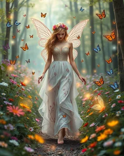 Beautiful Lady Fairy walk in forest with flowers and many colourful butterflies and fireflys, photography art