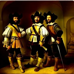 oil portrait of The Three Musketeers and d'artagnan with armor by Rembrandt 8k