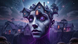 A hyper-detailed, surreal photographic composition blending impossible geometries with organic elements. At the center, a fragmented human face emerges from a village landscape, its features dissolving into: Architectural absurdity: Floating cottages with lace-like brickwork Celestial interference: Constellation patterns etched into skin pores Natural surrealism: Trees growing through eyeballs, roots forming mathematical fractals The scene glows with an eerie luminescence (deep indigo to violet