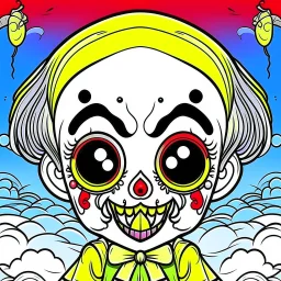 create a 2d black outline, " kawaii psycho clown coloring book for kids", coloring page, low details design, black contour, coloring page design, colorful , card style, coloring page for kids, halloween backgorund,sketch style,