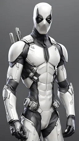 A realistic white Deadpool in a titanium cybernetic suit, detalhado, designe perfeito, alta qualidade arestas perfeitas e simetricas ::n_desenho de estilo, Low-quality imperfection, boneco, game, anime