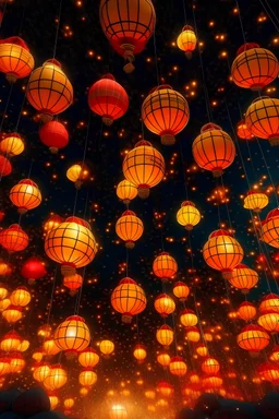 an image of a lantern festival at night, with numerous orange, red, and yellow illuminated lanterns floating into the starry sky. The lanterns are of varying sizes, with a larger, bright lantern in the center acting as the focal point, surrounded by radiating light rays. The atmosphere is magical and festive, symbolizing hope and renewal.