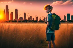 A detailed photo of a dirty fifteen year old boy wearing a backpack standing in a field with an abandoned city skyline in the background, shaggy blond hair, wearing short sleeves and shorts, sunset, tall grass, bright colours, baste landscape, cinematic photography, high resolution, high quality, highly detailed.