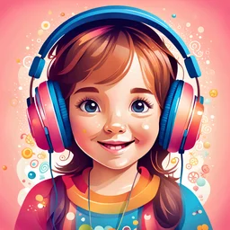 Create a playful and youthful vector illustration of a sweet, young girl's face with an innocent and joyful expression. She should be wearing cute, child-friendly headphones, and the background should feature a colorful study room with elements that evoke a sense of childhood whimsy. Emphasize a charming and lively atmosphere with soft, playful colors, rounded shapes, and delightful details. Capture the innocence and happiness of the young girl as she enjoys music in this cheerful and inviting s