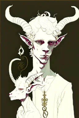 young satyr male albino alchemist with small goat horns in the style of Aubrey Beardsley