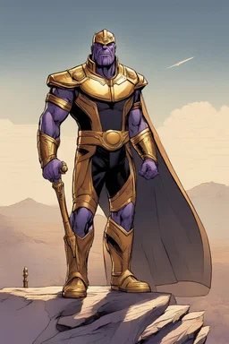 Thanos, the commander of the army of aliens and the king of the entire galaxy, is ready to go on a campaign with his two large swords, his very beautiful and impenetrable armor with his golden helmet, standing on top of a hill with his sword with infinity gauntlet