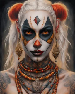 realistic portrait of harley quinn Hyperrealism, Ethereal portrait of a mystical being with tribal features, vibrant orange eyes, reptilian pupils, intricate scale-like patterns around the eyes, pale skin adorned with freckles, tribal tattoo on the nose bridge. Adorned in a weathered yellow tribal mask with dark markings, a central rivet, necklaces of gold, black, and red beads, a rustic red and dark green scarf with intricate designs, and small earrings. Serene expression, intense gaze, desatur