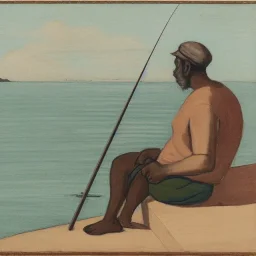 homme entrain de pêcher, vue éloigné et de coté, position assise