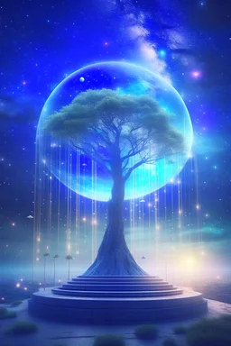 tree. Standing on a ground of ornate glass and patterned glass trees. And a sky colored with stars and planets. And a star portal in the sky, inside which is a world with futuristic buildings and waterfalls.