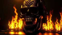 4k full realism, ultra details, lumieres maximum. Ombres ultra. Logo emission de radio hard rock. Le diable de profil sourit à un terminator de profil. Ils se regardent. Au milieu d eux un poste de radio brûle.