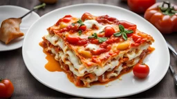 Lasagna with feta cheese, colorful peppers and tomato sauce..