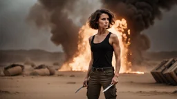 beautiful slender caucasian female technician with a knife, black tank top, well toned muscles, weathered face, scratched sand camo metal details, short brunette wavy bob haircut, dystopian, desert scene with smoke and explosions