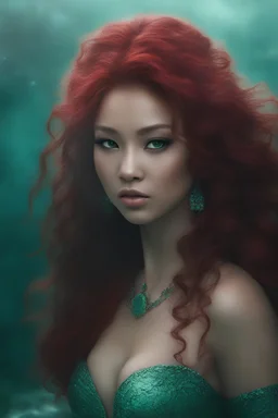the black Chinese mermaid with Long wavy, curly (((red hair))) and bright, (((sea-green eyes))), - full color - 32k, UHD, 1080p, 8 x 10, glossy professional quality digital photograph - dark foggy gradated background, historic, powerful, octane rendering, exquisite detail, 30 - megapixel, 4k, 85 - mm - lens, sharp - focus, intricately - detailed, long exposure time, f8, ISO 100 - back - lighting, ((skin details, high detailed skin texture))