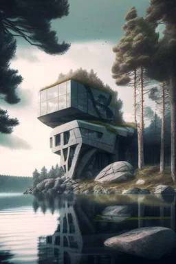 futurist building on a lake shore with trees and rocks