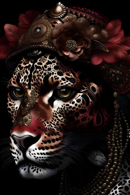 Beautiful faced Mexican Jaguar animal shamanism portrait with textured brocade ornated, wearing etherialism shamanism half face copper colour a masque adorned with goth shamanism mixed style hat florals and beades jaguar animal skull headdress, wearing gothic style black etheral metallic shamanism chain effect copper patina colour gradient costume etheral ornated mixed style organic bio spinal ribbed of etherialism style bacround extremely detailed hyperrealistic maximalist portra