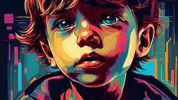 close-up futurism style painting of an european child with a dirty face, dark colors, dramatic effect, light is in his eyes, reminiscent of 1980s synthwave aesthetics, retro-futurism style