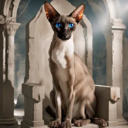 cinematic, dark fantasy masterpiece where a majestic Oriental Shorthair Siamese with chocolate-point markings and piercing, luminous blue eyes sits with absolute sovereignty upon a colossal, crumbling obsidian throne deep within a forgotten crypt. The aesthetic is a visceral fusion of Brom’s macabre elegance and Frank Frazetta’s raw, muscular composition, executed as a high-contrast mixed media collage that blends surreal photography with grit-laden concept art. The cat’s sleek, alien silhouette