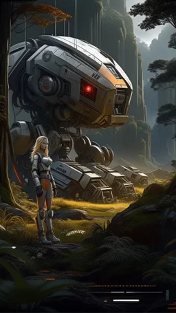 Wide-angle, woman with straight hair, dressed like a robot, with equipment in her hands, next to a crashed spaceship, in a clearing on an alien jungle world