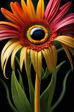 close up of a Fantasy miniscule gerbera daisy, the center of the large gerbera daisy has a cartoon styled googly eye with long eye lashes, with amazing catch light and fantasy flowers and trees professional award-winning masterpiece rich colored airbrush oil painting on canvas Atmospheric extremely detailed