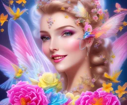 beautiful bright fairy portrait who smiles with long hair, thin face, two hands, two transparent wings on her back in a pink,blue, yellow flowers background,